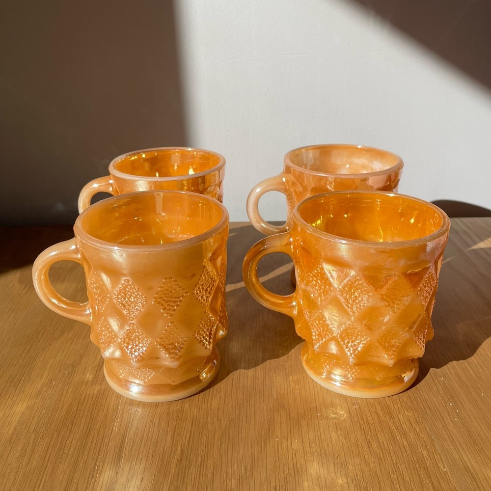 Vintage Anchor Hocking Fire-King Kimberley Diamond Mugs Peach Lustre Set of 4